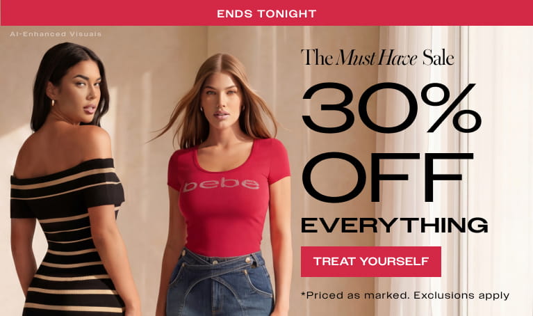 "Two women modeling chic summer clothing next to a 30% off sitewide promotional banner for the bebe Must-Have Sale.