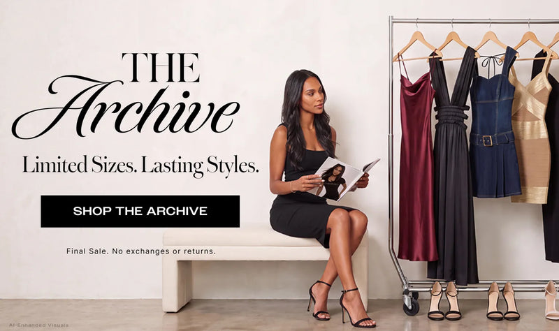 A woman in a black dress sits beside a clothing rack displaying vintage-inspired dresses, with text reading “The Archive — Limited Sizes. Lasting Styles.” and a “Shop the Archive” button