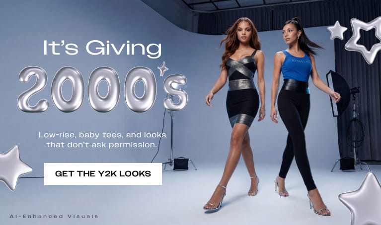 Two models showcasing Y2K fashion against a light blue studio backdrop with silver metallic star balloons. Text reads: "It’s Giving 2000’s. Low-rise, baby tees, and looks that don’t ask permission." featuring a button that says "GET THE Y2K LOOKS".