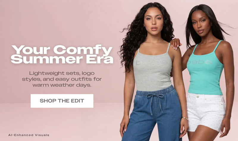 Two women modeling summer outfits from bebe. Text reads: 'Your Comfy Summer Era. Lightweight sets, logo styles, and easy outfits for warm weather days. Shop The Edit.