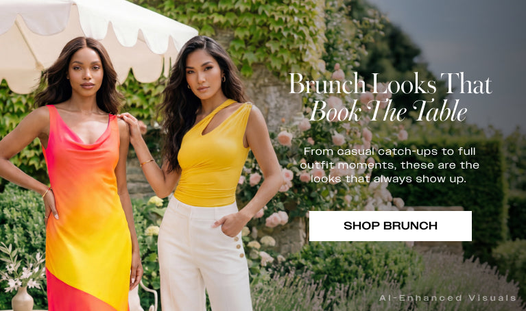 Two women modeling chic summer fashion outdoors, featuring a vibrant orange slip dress and a yellow One Shoulder Twisted Top with white trousers, next to text reading "Brunch Looks That Book The Table