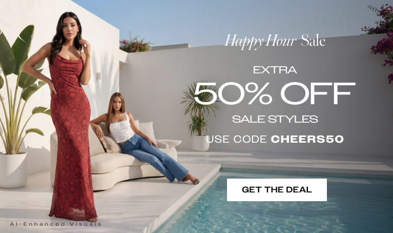 Two women promoting summer fashion by a pool; one in a  sleeveless rust-red Printed Mesh Cowl Gown, the other in a white Eyelet Fitted Top and Carpenter medium blue jeans on a outdoor couch. Text reads: Happy Hour Sale, 50% off sale styles, use code CHEERS50. Button reads: Get the deal.