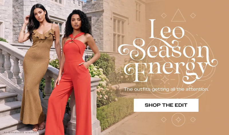 Promotional editorial graphic for 'Leo Season Energy' featuring two women modeling elegant summer outfits in front of a grand stone mansion. The woman on the left wears a Sequin Crochet Ruffle Neck Gown, and the woman on the right wears a Knit Crepe Twist Wide Leg Jumpsuit.