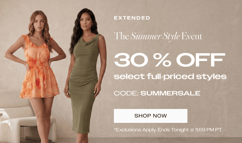 Two women modeling chic summer fashion dresses next to promotional text for The Extended Summer Style Event, offering 30% off select full-priced styles with code SUMMERSALE. Offers Ends Tonight at 11:59 pm PT. One woman wears an orange Flowy Romper and the other wears an olive green One Shoulder Trim Strap Midi Dress. 