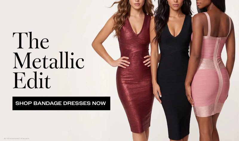 Three models wearing metallic bandage-style dresses in burgundy, black, and pink, standing against a light gray background with the text 'The Metallic Edit' and 'SHOP BANDAGE DRESSES NOW'.