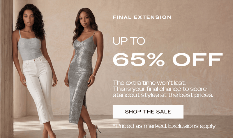 Two women modeling chic summer fashion dresses next to promotional text for the final 24. hour extension offering up to 65% off on sale styles - Priced as marked. One woman wears a grey Bebe Logo Racer Back Rib Tank and the other wears a Silver Disco Dot Maxi V Neck Gown. 
