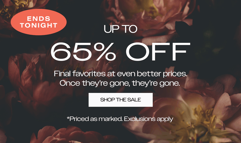 Promotional sale banner for bebe featuring text that reads: Up to 65% Off. Final favorites at even better prices. Once they’re gone, they’re gone. Shop the Sale. Priced as marked. Exclusions apply. The background features a dark, abstract atmospheric blur with warm orange light highlights.
