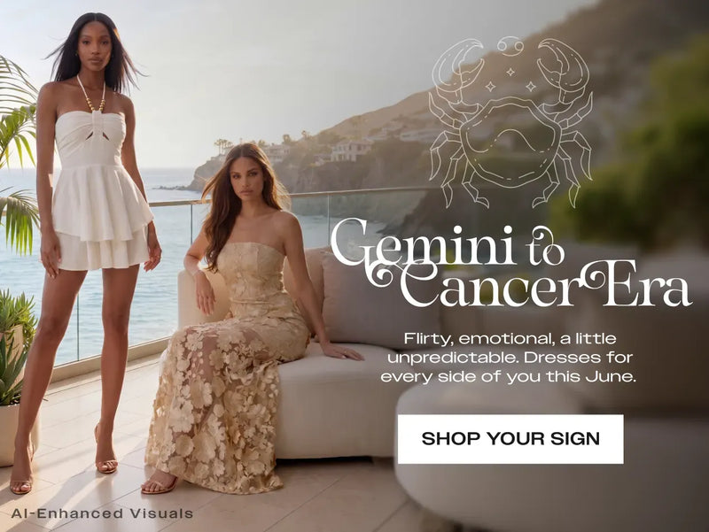 Two women modeling a white Flare Linen Romper  and a Strapless Embroidery Maxi Dress in front of a scenic ocean backdrop for the bebe Gemini to Cancer Era June fashion campaign