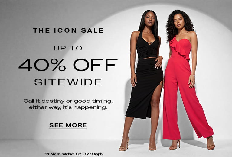 Promotional banner for "The Icon Sale" featuring two models, one in a halter knit black top and a black skirt and the other in one shoulder raffle jumpsuit. Text reads: "Up to 40% Off Sitewide. Call it destiny or good timing, either way, it's happening. with CTA : See More.