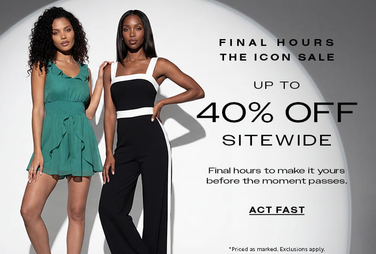 Two women in fashionable green and black outfits next to a sale advertisement reading 'Up to 40% Off Sitewide' for The Icon Sale by bebe.