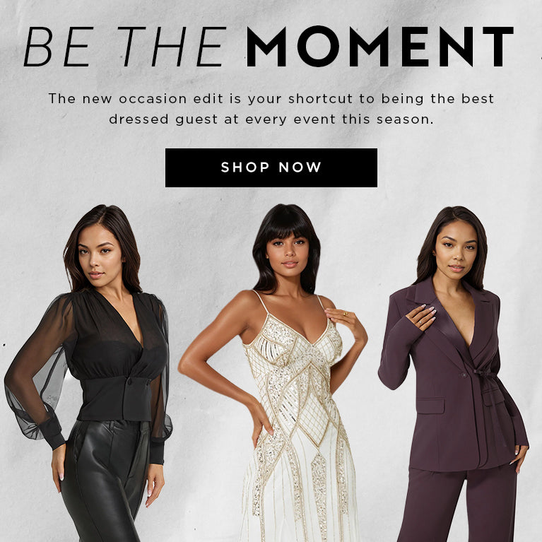 Three women in formal attire with promotional text on a gray background
