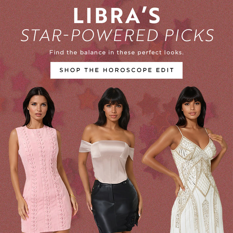 Three women modeling dresses with text about Libra's star-powered picks on a pink background.