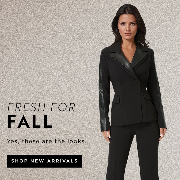 Woman wearing a black suit with text promoting new fall arrivals.