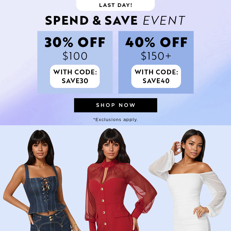 Promotional banner with discount information and models wearing outfits on a light blue background