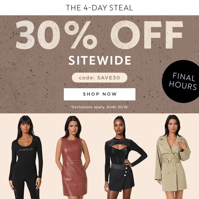 Promotional banner with 30% off sitewide discount and expiration date, featuring four women in outfits.