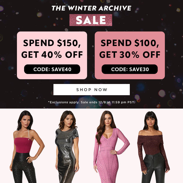 Promotional graphic for a winter sale with discount codes and models wearing dresses.