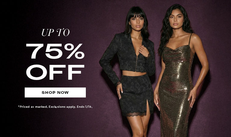 Two women modeling outfits with a sale promotion on a purple background