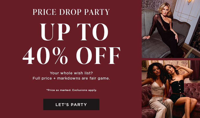 Promotional banner for a price drop party with discount information and images of women in evening wear.