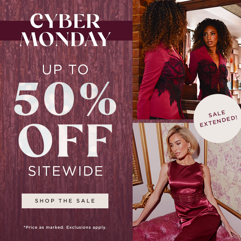 Promotional graphic for Cyber Monday sale with a woman in a red dress 