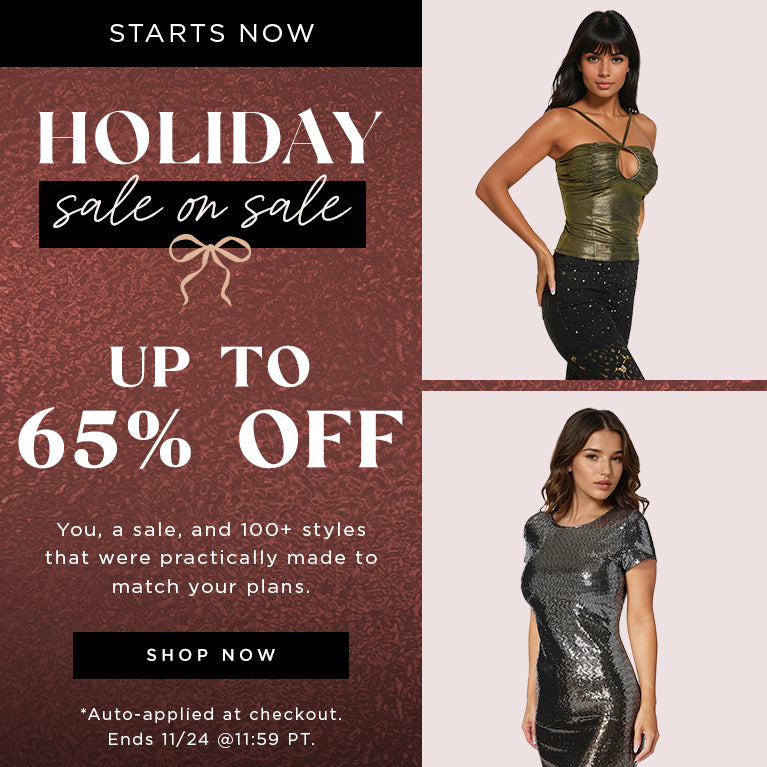 Holiday sale advertisement with two women in dresses and promotional text.