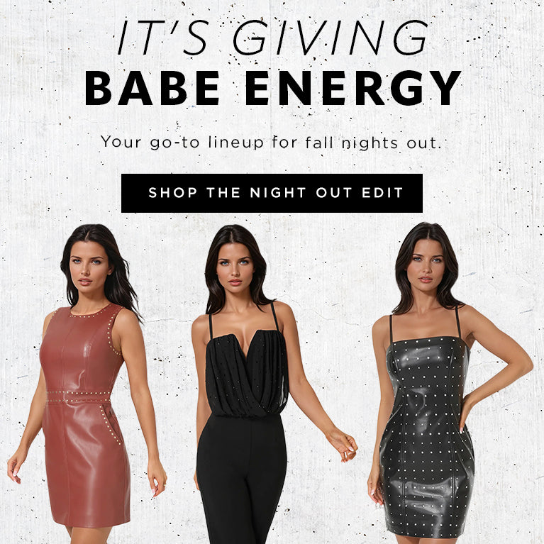 Three women modeling fall fashion outfits promotional night out edit on an off white background
