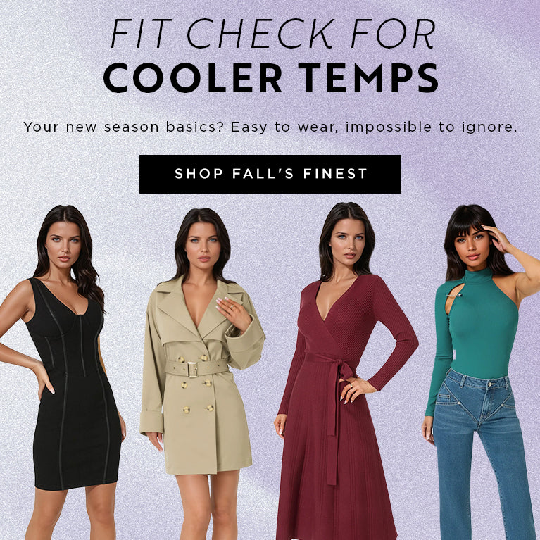 Advertisement for fall fashion with four women modeling different outfits on a light purple background.