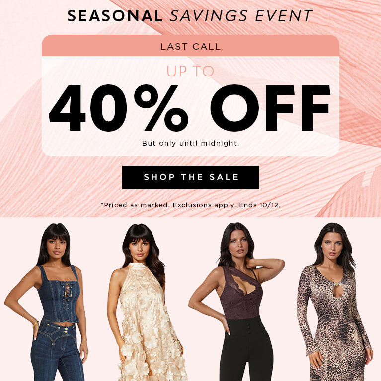 Promotional banner for a seasonal savings event with up to 40% off, featuring models in various outfits on a pink background.