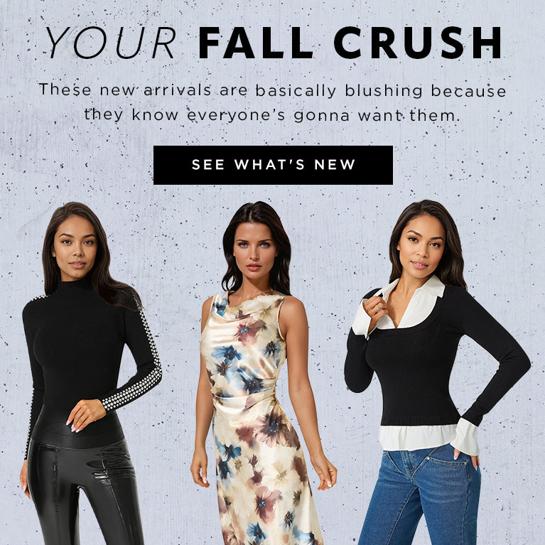 Three women modeling fall clothing with promotional text see what's new on a light grey background