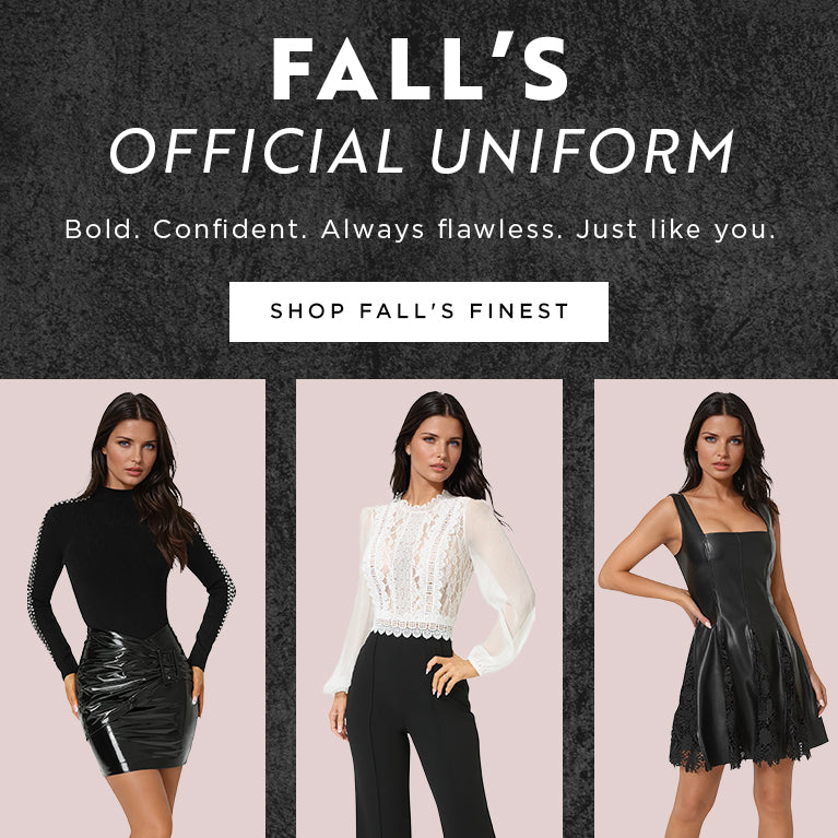 Three women modeling different outfits with promotional text for 'Fall's Official Uniform'.