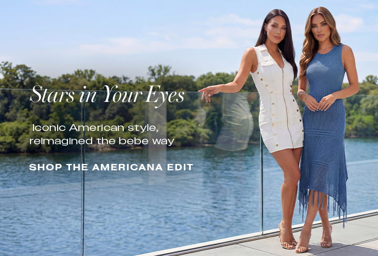 Two women in stylish outfits standing by a glass balcony overlooking a pool and scenic landscape. Text overlay reads "Stars in Your Eyes: Iconic American style, reimagined the bebe way. SHOP THE AMERICANA EDIT.