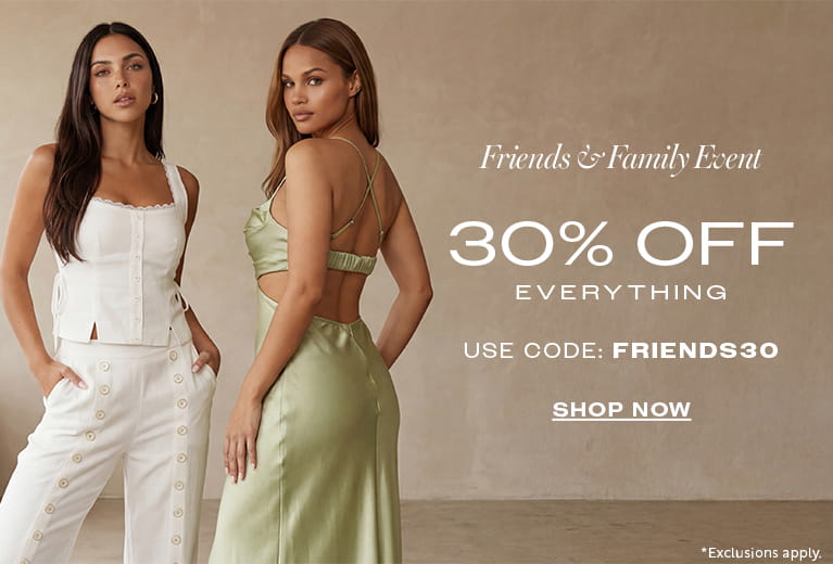 bebe Friends and Family Event promotional banner offering 30% off everything with code FRIENDS30, featuring models wearing a chic white Lace Up Linen Top and a honeydew/green Open Back Cut Out Midi Slip Dress