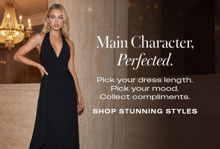 Woman in a black dress with text about shopping for dresses.