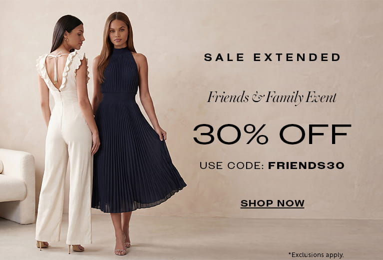 Two women modeling chic summer fashion next to "Sale Extended" promotional text for the bebe Friends and Family Event offering 30% off with code FRIENDS30. One woman wears a off white/ vanilla heat Linen Ruffled Palazzo Leg Jumpsuit and the other wears a navy blue Sleeveless Pleated Dress. 