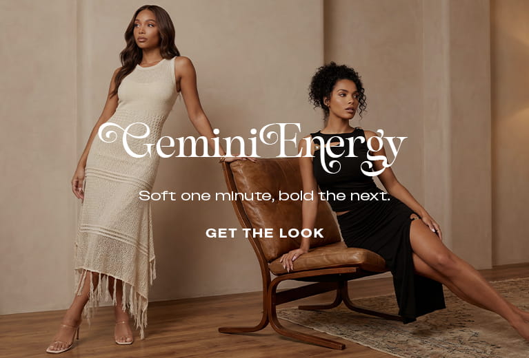 Promotional banner for the bebe Gemini Energy collection featuring two models in fashionable neutral clothing. Text reads: Gemini Energy, Soft one minute, bold the next. Get the look.