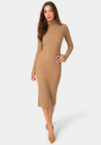 Front View-BELL SLEEVE TURTLENECK MIDI-Mocha