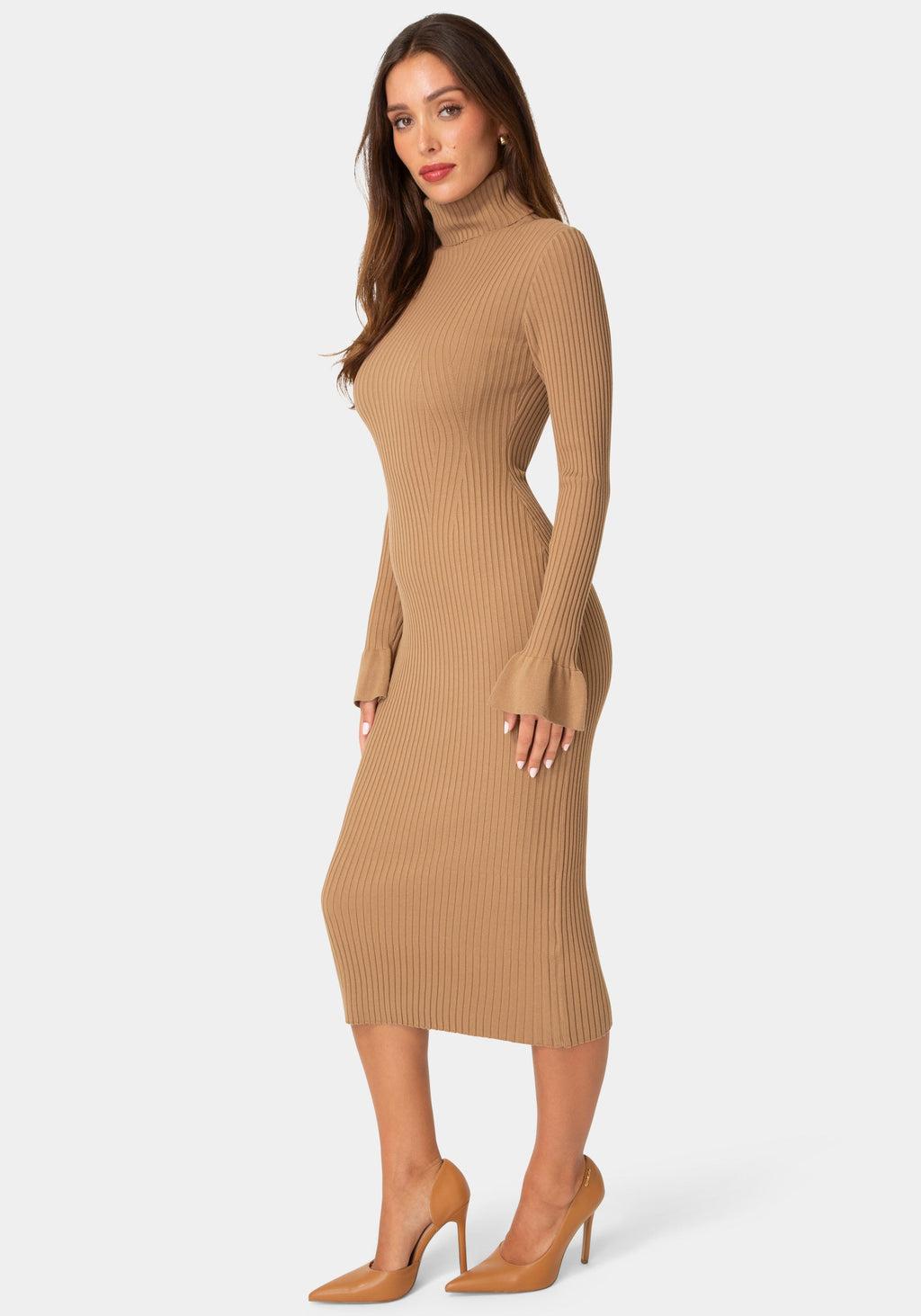 Side View-BELL SLEEVE TURTLENECK MIDI-Mocha