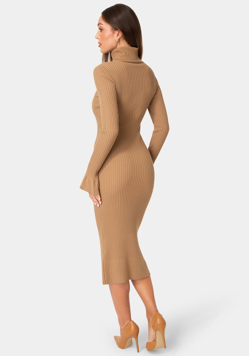 Back View-BELL SLEEVE TURTLENECK MIDI-Mocha