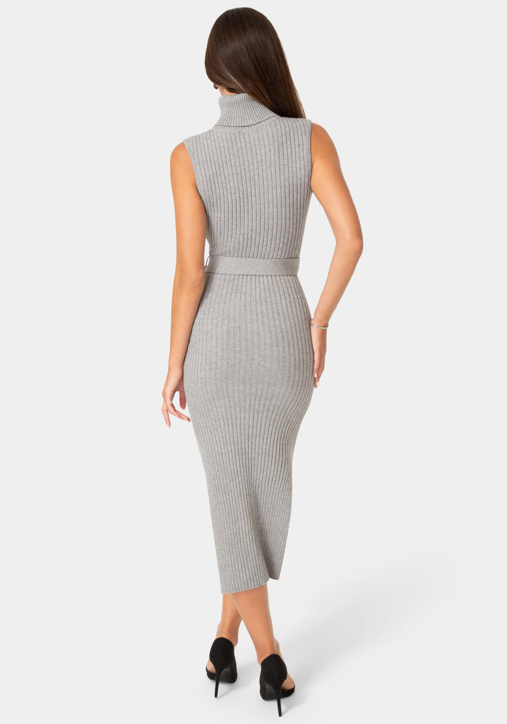 Back View-SWEATER SLEEVELESS MIDI DRESS WITH BELT-Heather Grey