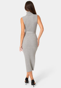 Back View-SWEATER SLEEVELESS MIDI DRESS WITH BELT-Heather Grey