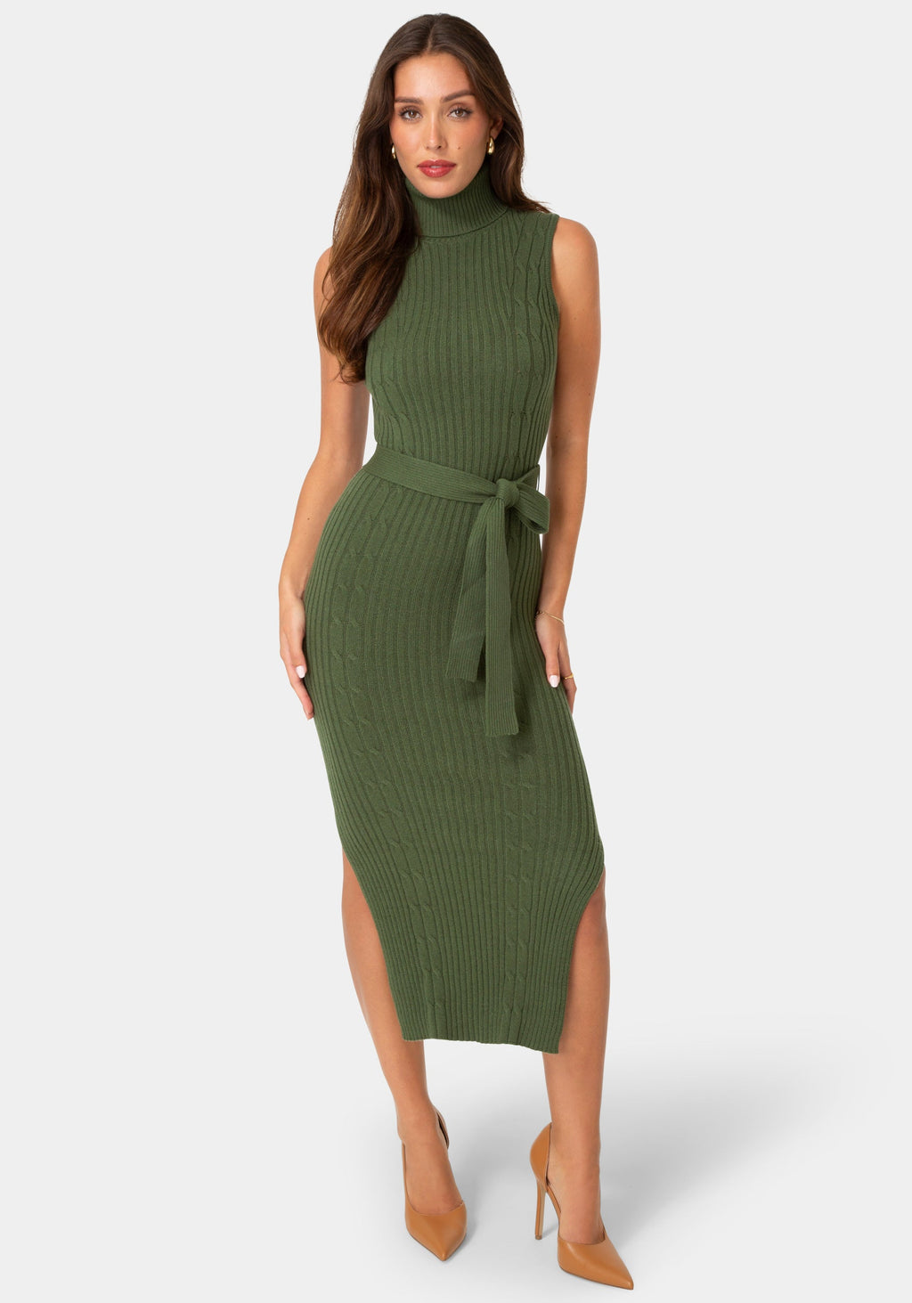 Front View-SWEATER SLEEVELESS MIDI DRESS WITH BELT-Hunter