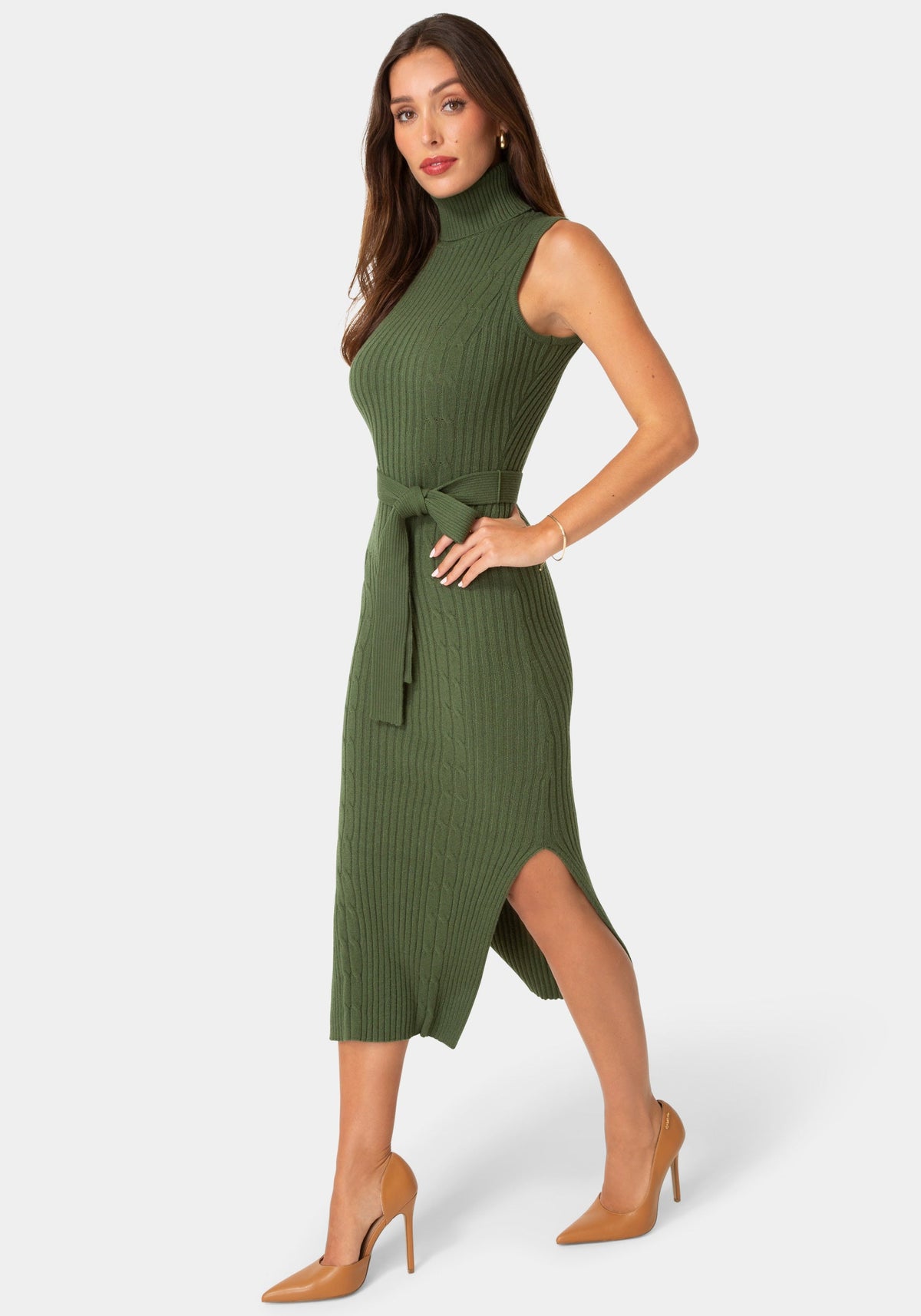 Side View-SWEATER SLEEVELESS MIDI DRESS WITH BELT-Hunter