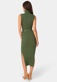 Back View-SWEATER SLEEVELESS MIDI DRESS WITH BELT-Hunter