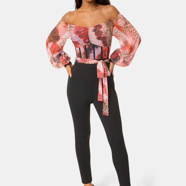 Front View-Mesh Off Shoulder Catsuit-ROSE INSTINCT