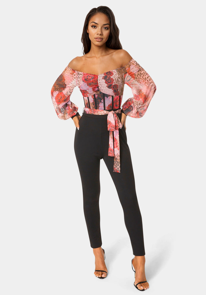 Front View-Mesh Off Shoulder Catsuit-ROSE INSTINCT