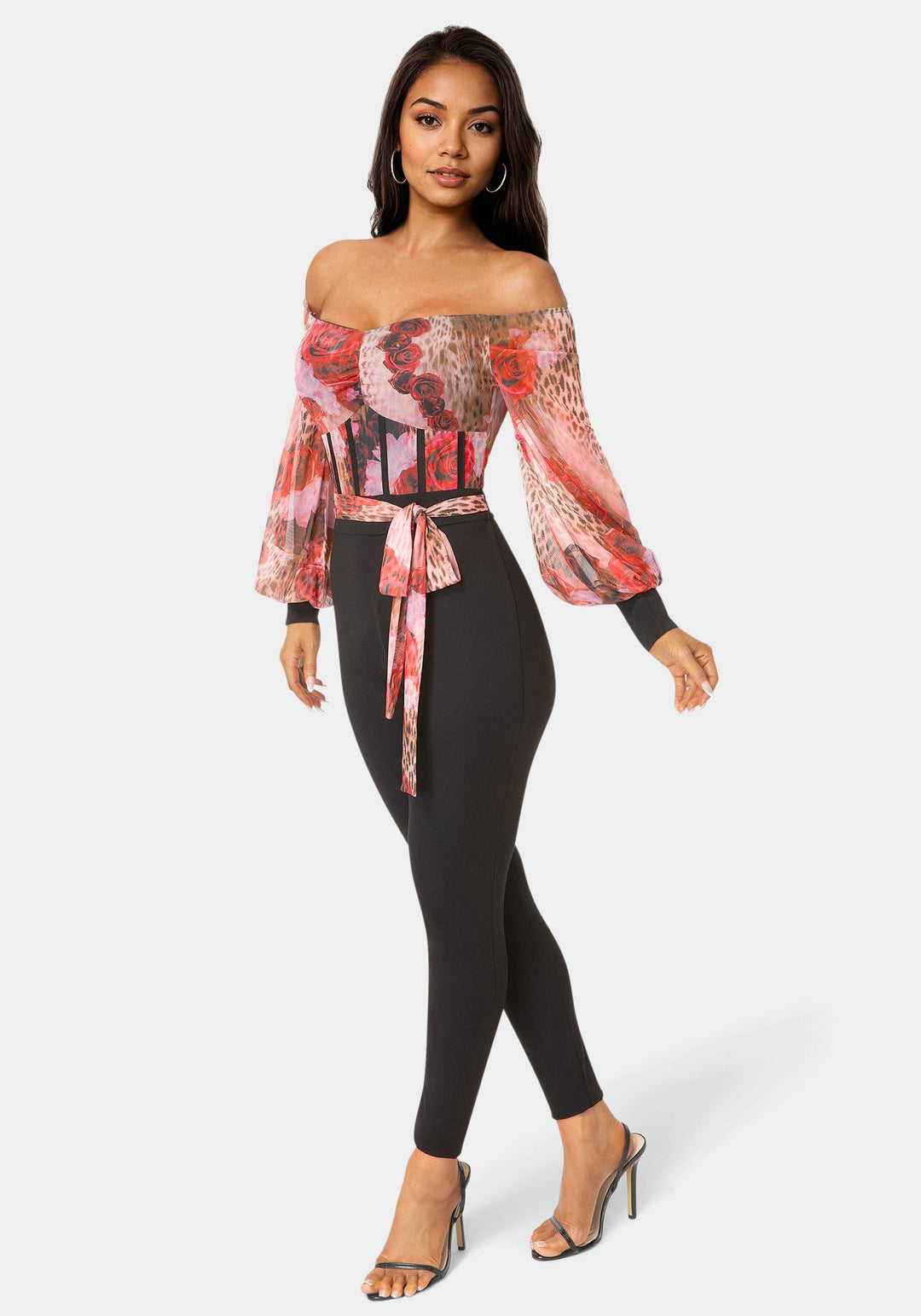 Side View-Mesh Off Shoulder Catsuit-ROSE INSTINCT