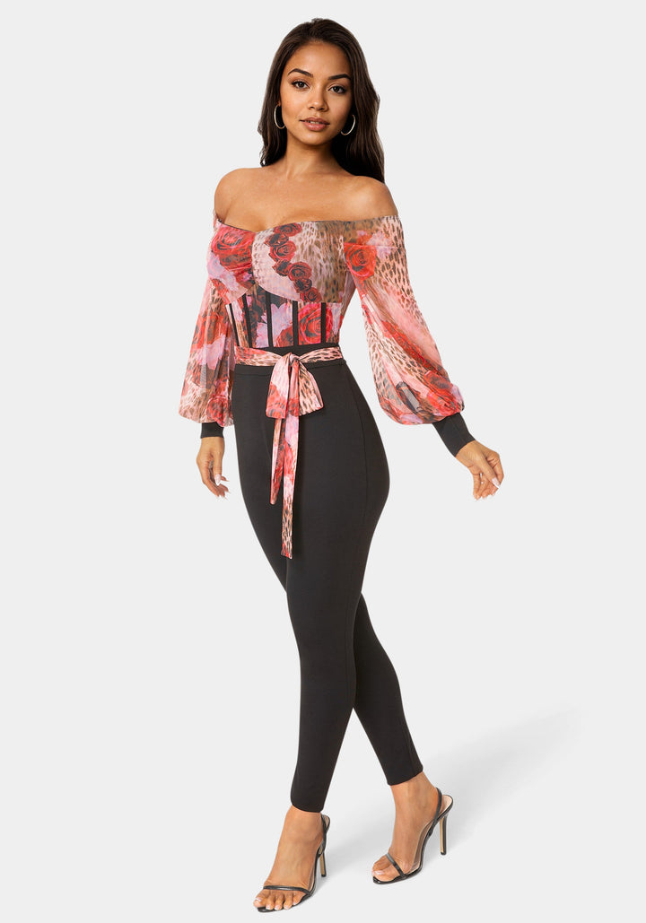 Side View-Mesh Off Shoulder Catsuit-ROSE INSTINCT