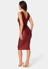 Back View-Foiled Bandage V Neck Midi Dress-Wine