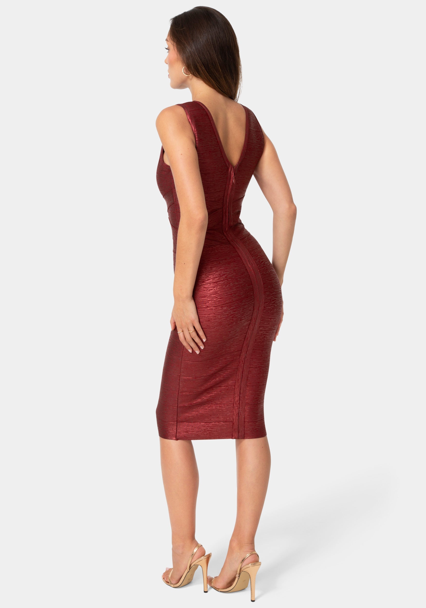 Back View-Foiled Bandage V Neck Midi Dress-Wine