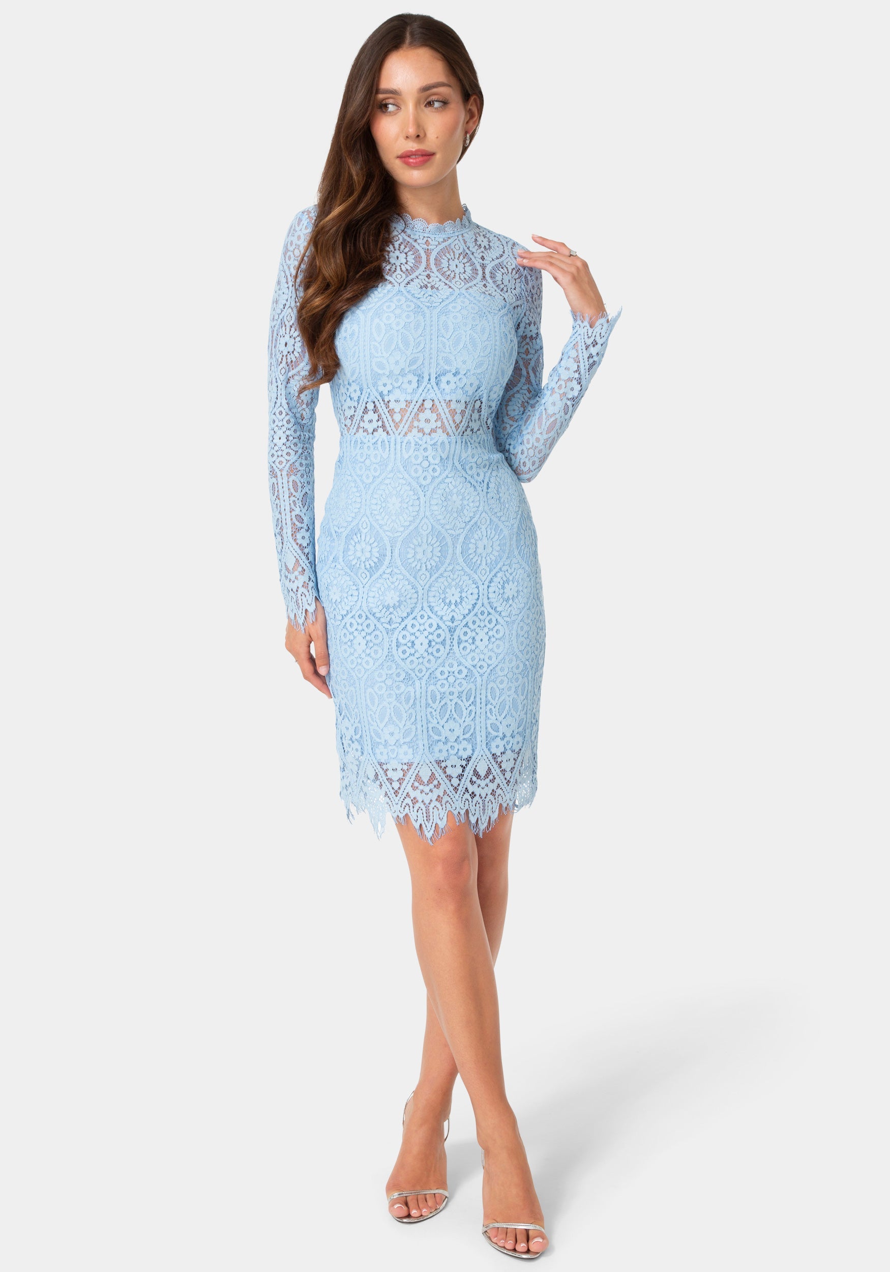 Front View-Bandeau Lace Dress-Lite Blue