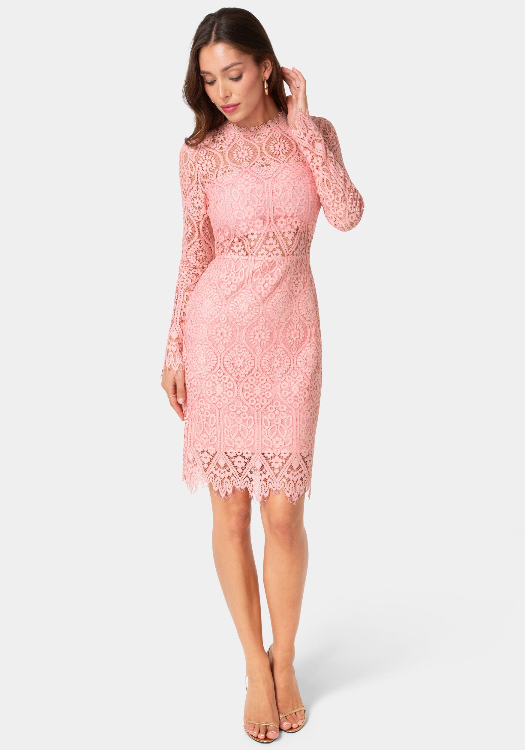Front View-Bandeau Lace Dress-Rose